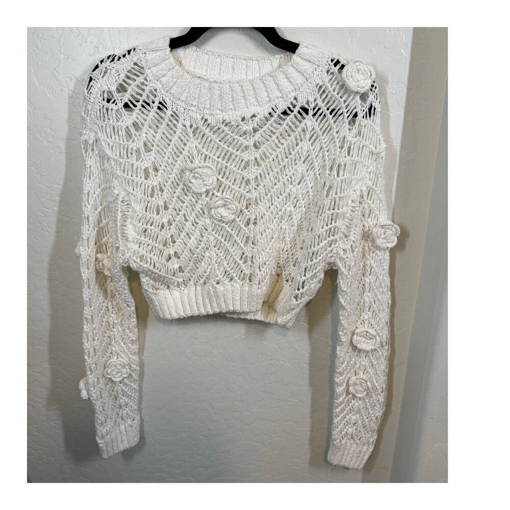 Zara White Crochet Sweater with Crochet Flowers Size L